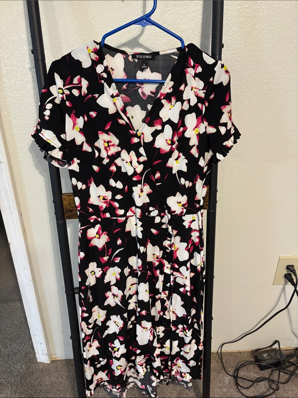 Roz & Ali Black Midi Wrap Dress with White & Pink Floral Print